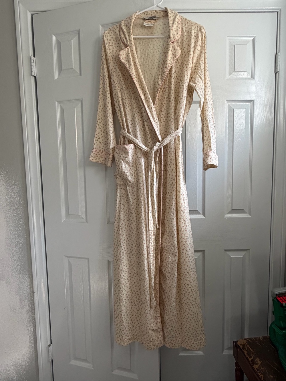 Vintage Floral Wool Cotton Long Robe Light Beige Pink with Belt Ditsy Sz S